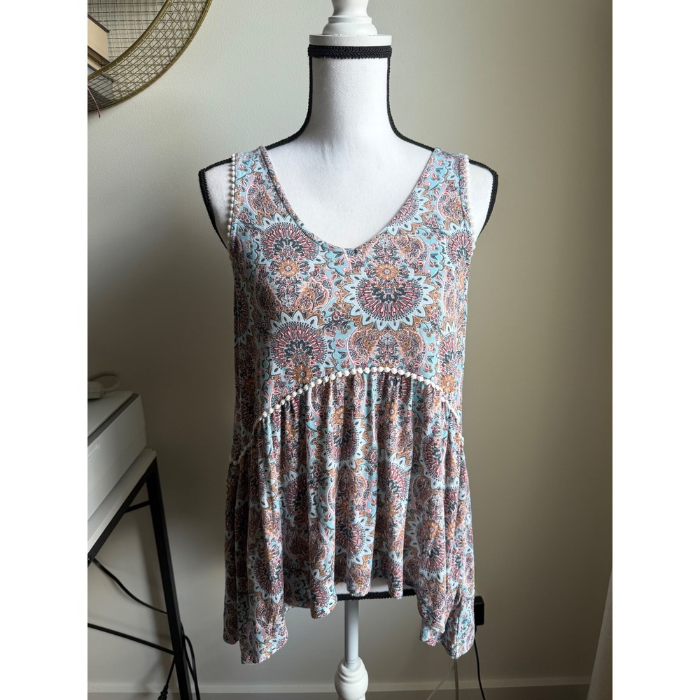 Buttons Womens Blue Orange Paisley Pom Pom Trim V-Neck Sleeveless Tank Top M